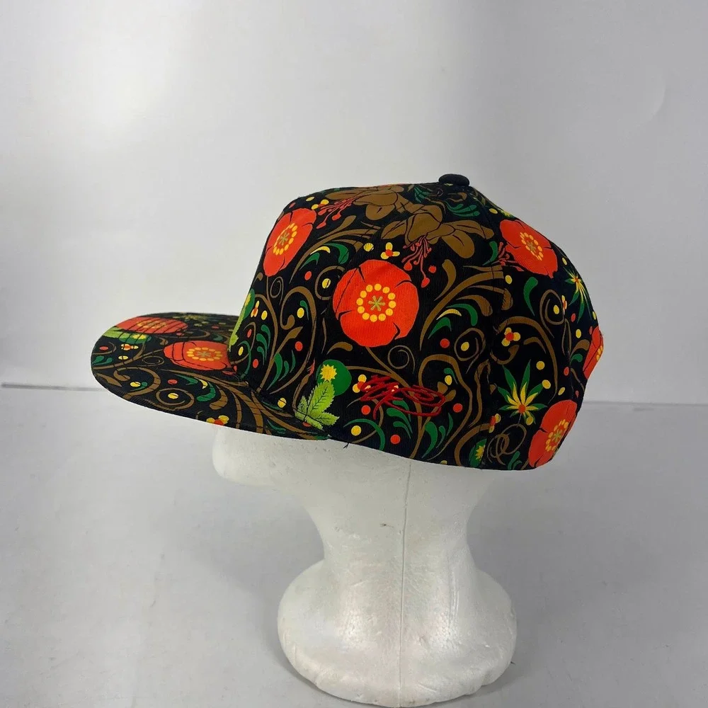 SSUR‎ Khokhloma Folk Art Snapback Hat Black Orange Pattern Flat Bill Cap